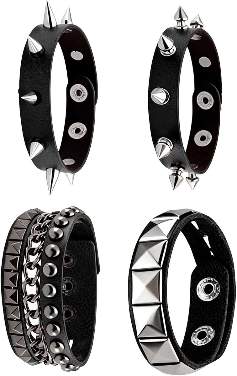 gothic sieraden 4 stuks - leren armbanden - zwart leer - punk stijl - ShopVlot