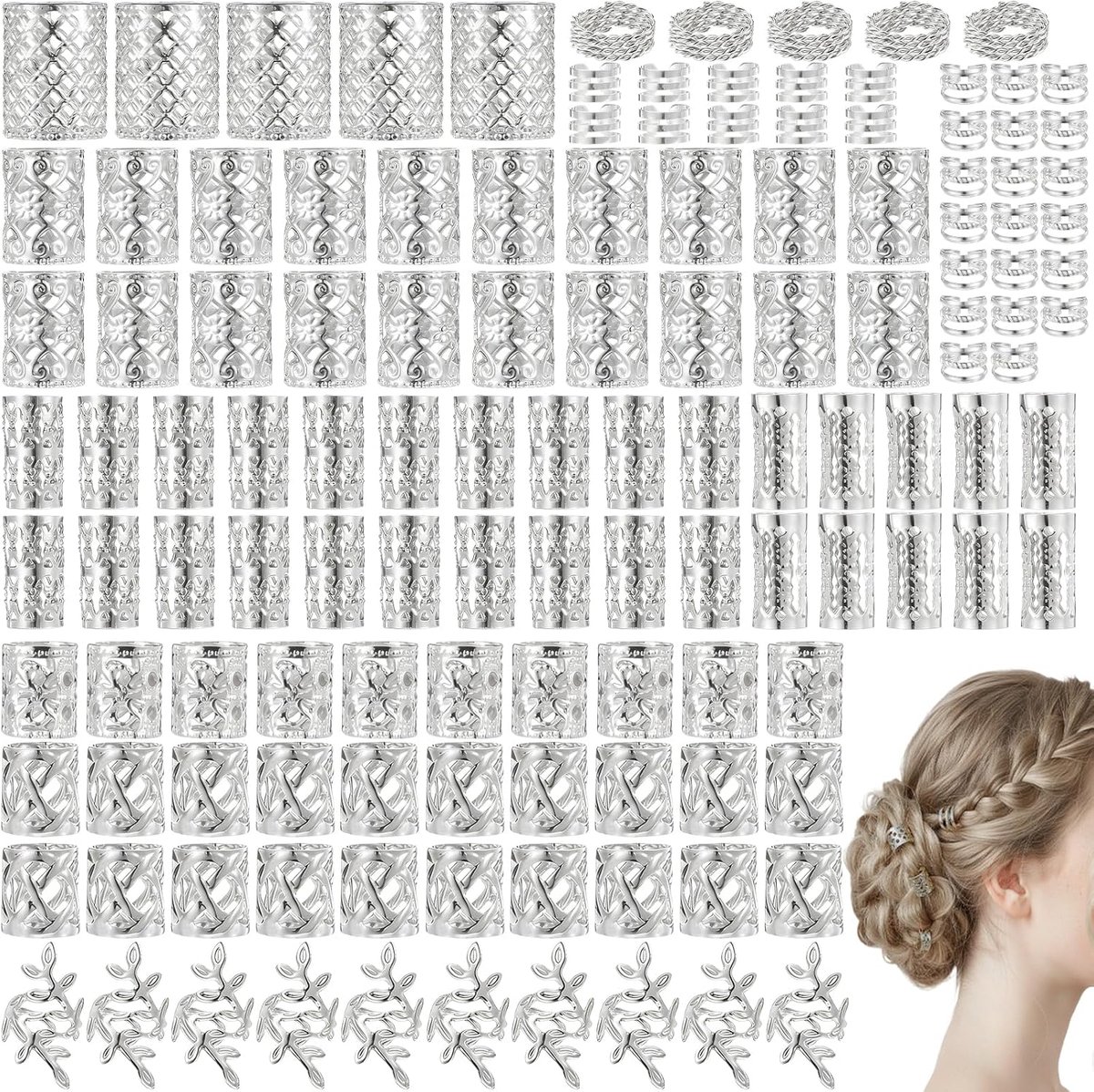 Dreadlock haaraccessoires 130 stuks - zilver - verstelbare kralen - voor vlechten en dreadlocks - ShopVlot