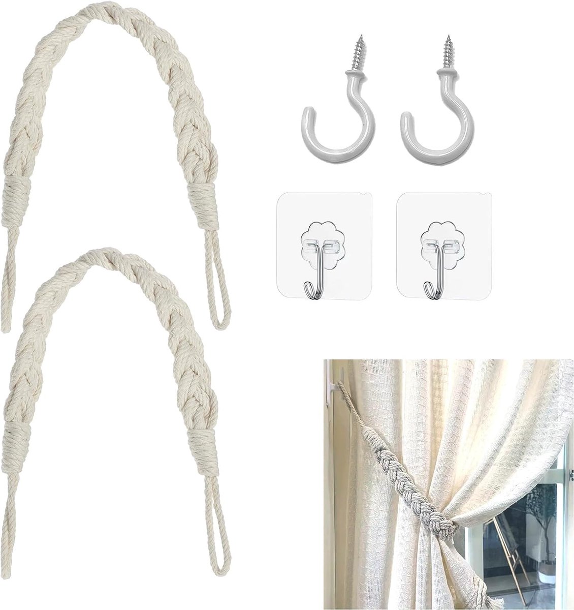 Gordijnhouders 2-pack - Natuurlijk katoenkoord - Elegante handgemaakte metalen haken - Ideaal voor interieurdecoratie - ShopVlot