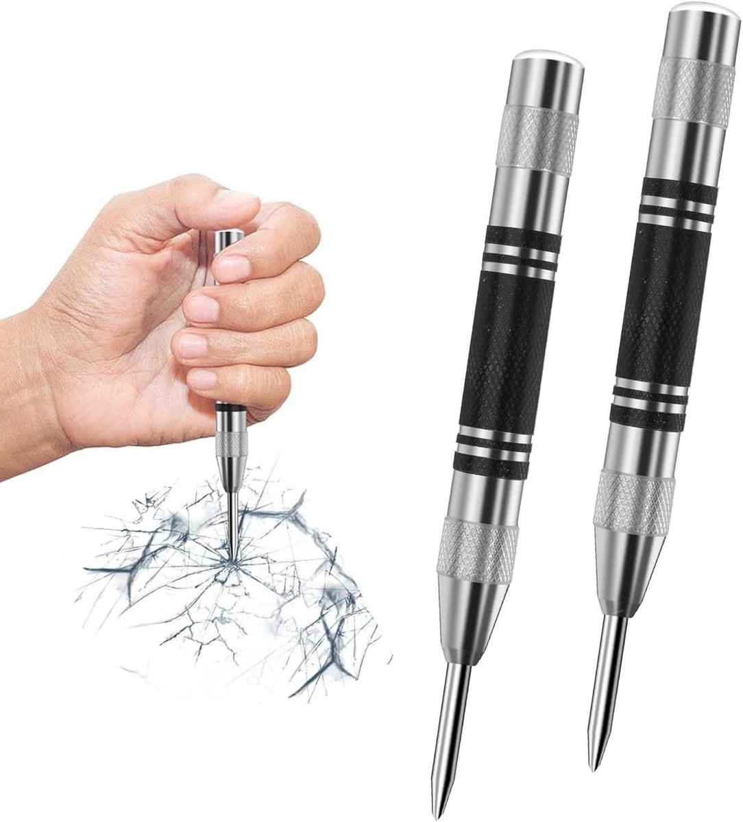 SnelShoppen - Set van 2 automatische center punches, veerbelaste center punch, stevige ponsgereedschap voor metaal, glas en hout | roestvrij staal, ve