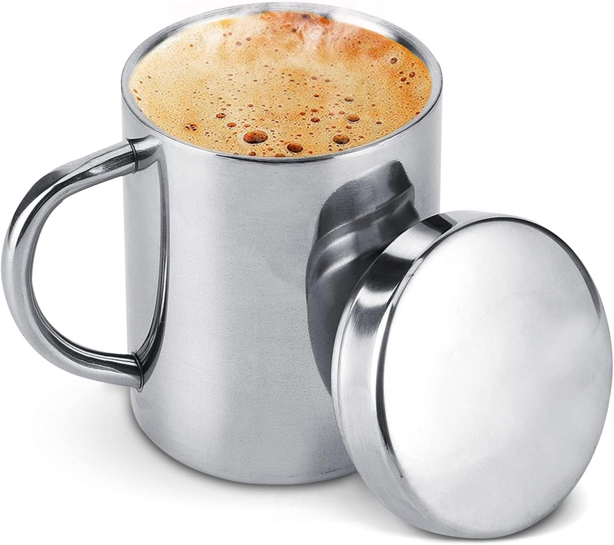 Dubbelwandige RVS Koffiemokken met Deksel en Handvat voor Reizen en Kamperen - Ideaal voor Heet Drankjes, Thee en Koffie