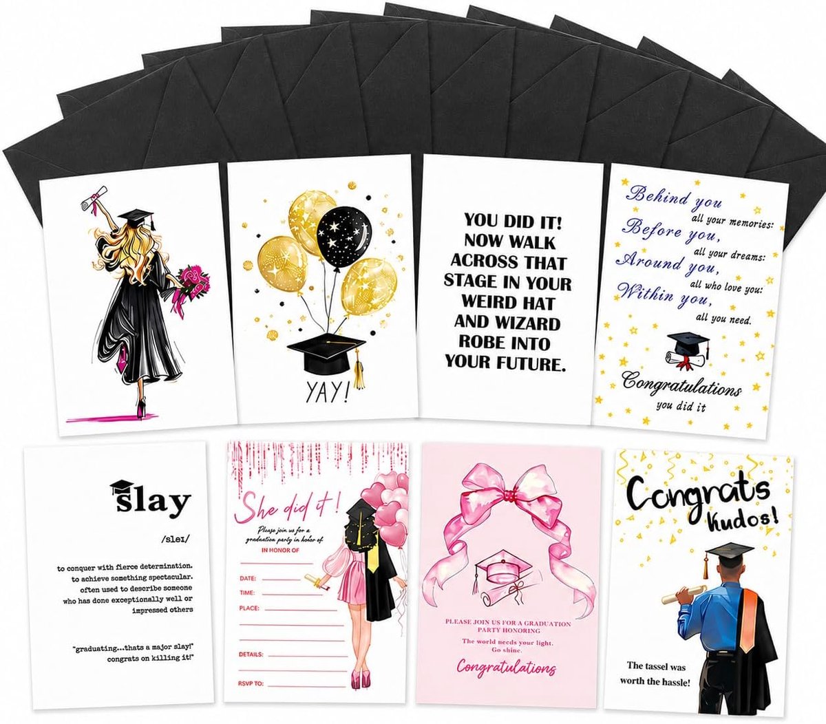Wenskaarten afstuderen 2026 - 8 kaarten met enveloppen - personaliseerbaar - perfect cadeau voor afgestudeerden - ShopVlot