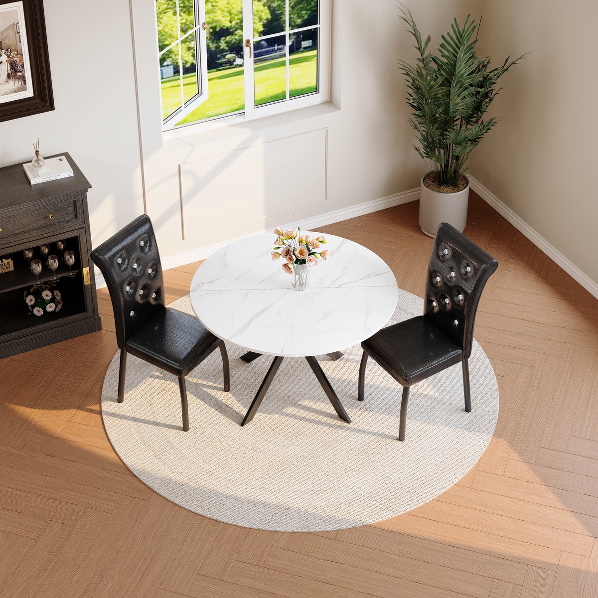 DESMIU Set Tafel En Stoelen Rond - 2 Stoelen - Wit Marmerlook Met Zwarte X Poot - Voor Eetkamer En Keuken - Hout En Metaal - Zwart Wit