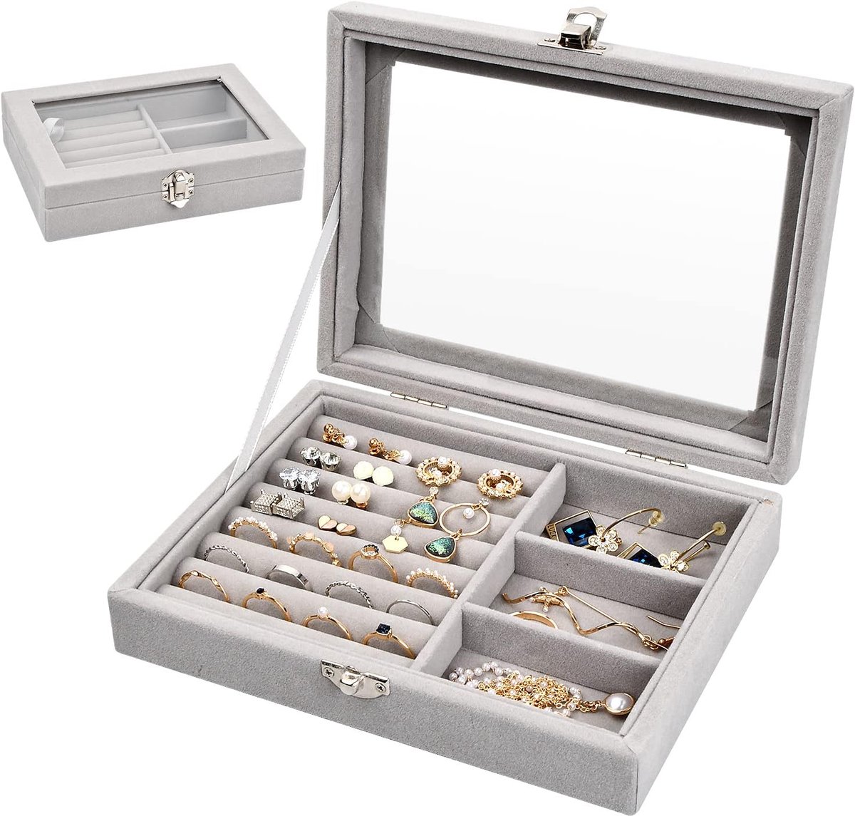 Sieradendoosje fluwelen grijs - glazen deksel - voor oorbellen en ringen - elegant en verstelbaar - ShopVlot
