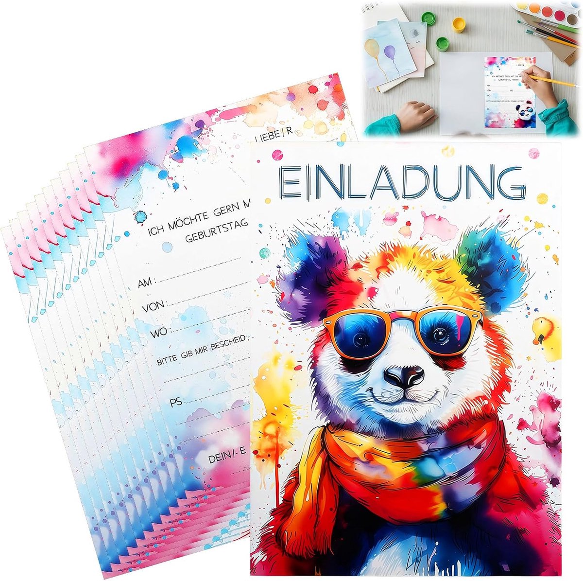 Uitnodigingskaarten kinderverjaardag 12 stuks - coole panda - 15 x 11 cm - milieuvriendelijk papier - ShopVlot
