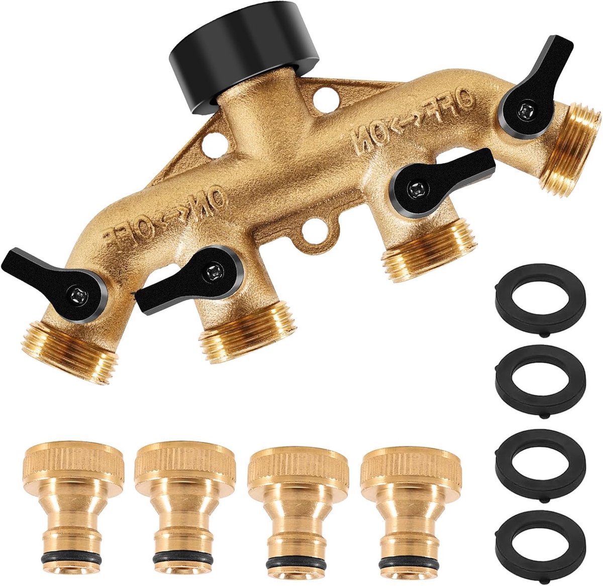 Waterdistributor 4-weg 3/4 inch - massief messing - corrosiebestendig - ideaal voor tuinirrigatie - ShopVlot