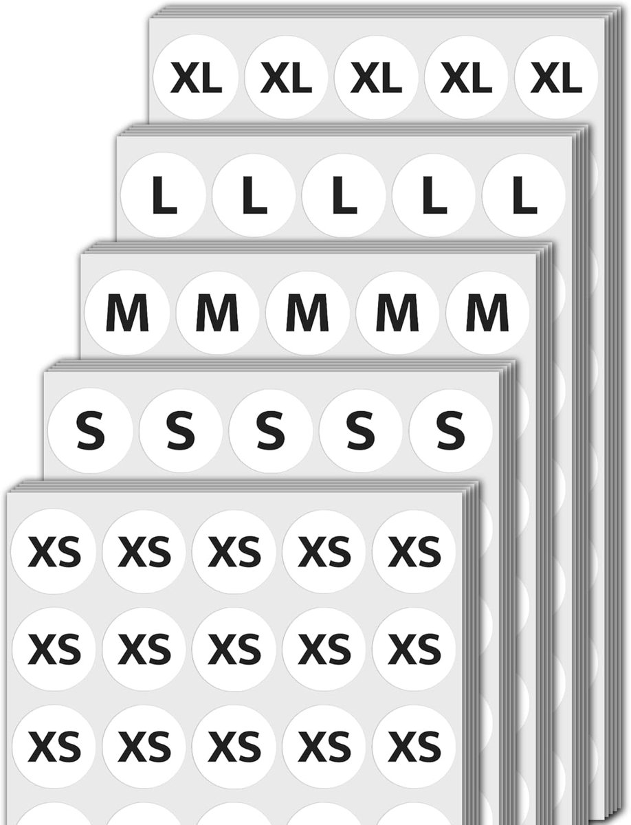 Kledingmaat Stickers 20mm - Zelfklevend - 5 Maten (XS, S, M, L, XL) - Handig labelen - ShopVlot