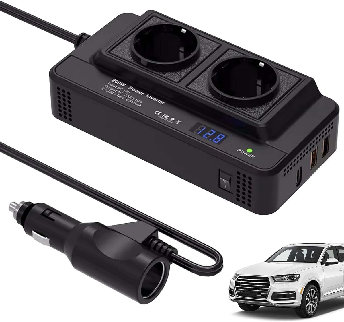 Car Voltage Converter 200W - 12V naar 230V - 2 Stopcontacten en 4 USB-poorten - Ideaal voor zakelijke ritten - ShopVlot