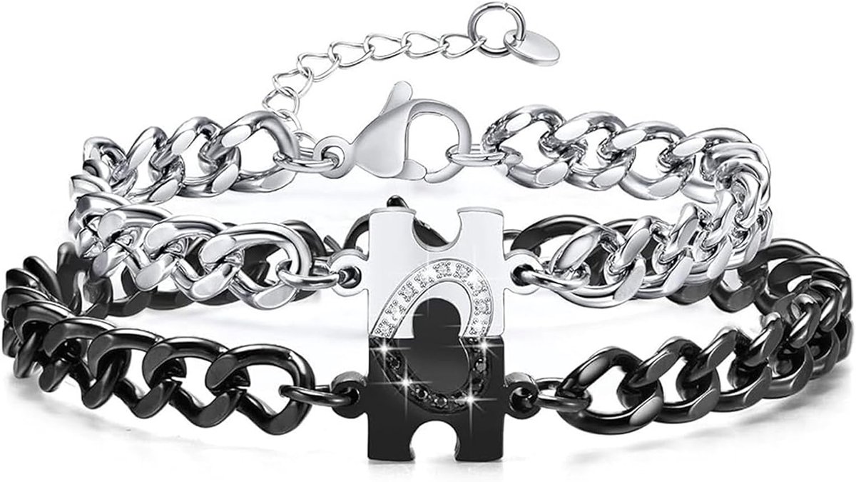 Partnerarmbanden voor koppels - Verstelbare pantserketting - Zilver en zwart met hart design - ShopVlot