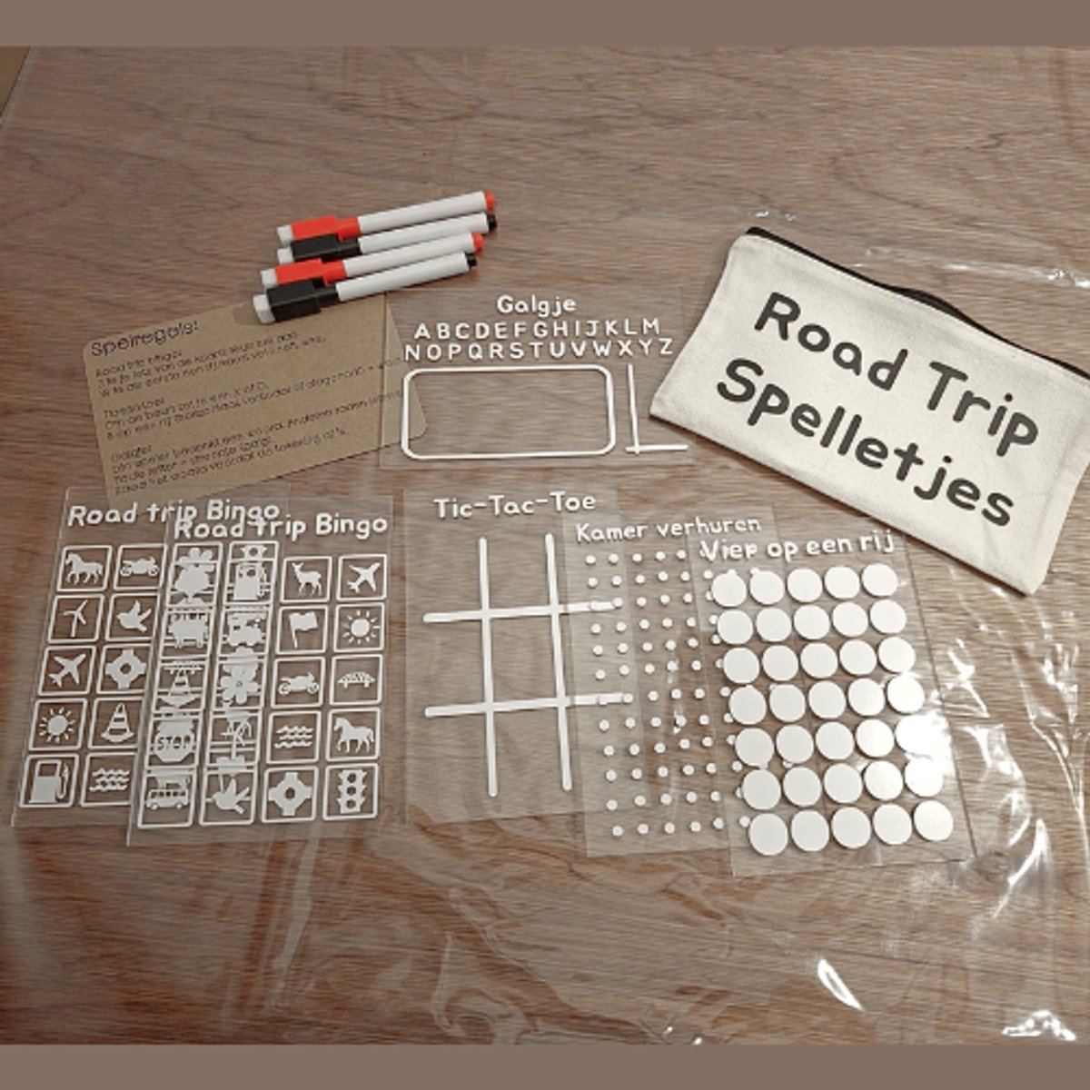Road Trip Spelletjes - 5 Reisspelletjes in Etui | Vier op een Rij, Bingo, Galgje, Kamer Verhuren & Tic Tac Toe - Inclusief 4 Stiften