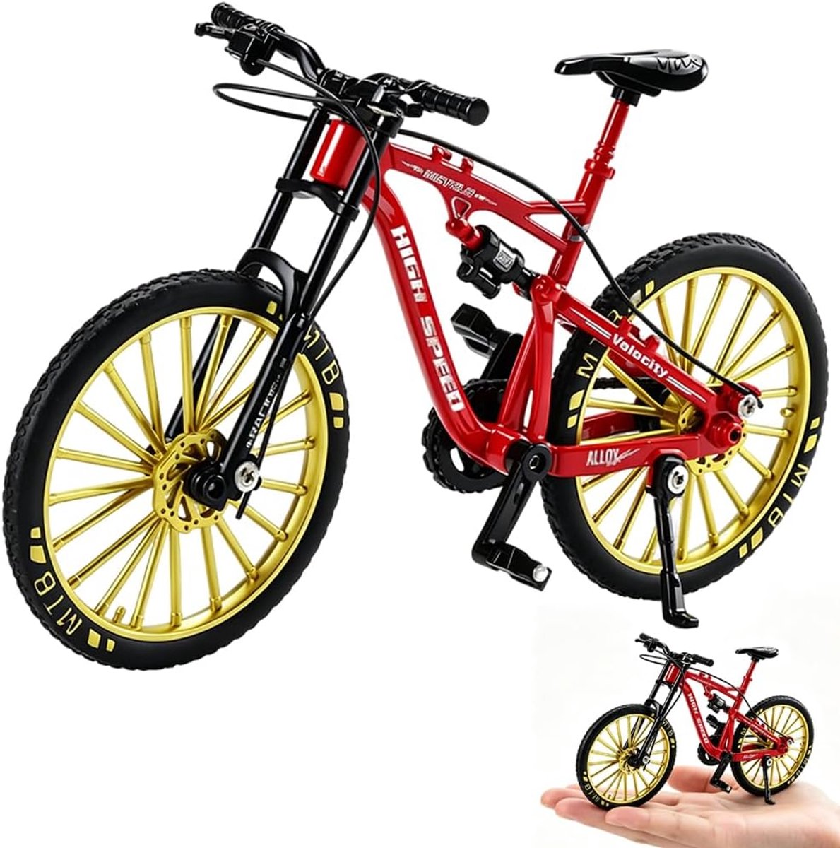 Vingerfietsmodel 1:10 - mini mountainbike in rood-geel - realistisch design - perfect als tafeldecoratie - ShopVlot