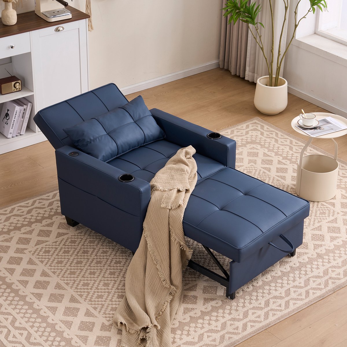 OKWISH Slaapbank 1-Zits – Uitklapbaar 3-In-1 Met Bekerhouders En USB Aansluiting – Voor Kleine Ruimtes – Stoflook – Blauw