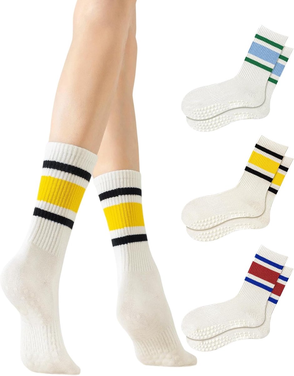 Yoga-pilatesokken met handgrepen - one size - gestreept Rood + Geel + Blauw - perfecte grip tijdens oefeningen - ShopVlot