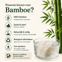 Infographic over bamboe met tekst, pictogrammen en een glas water met bamboe toiletpapier.