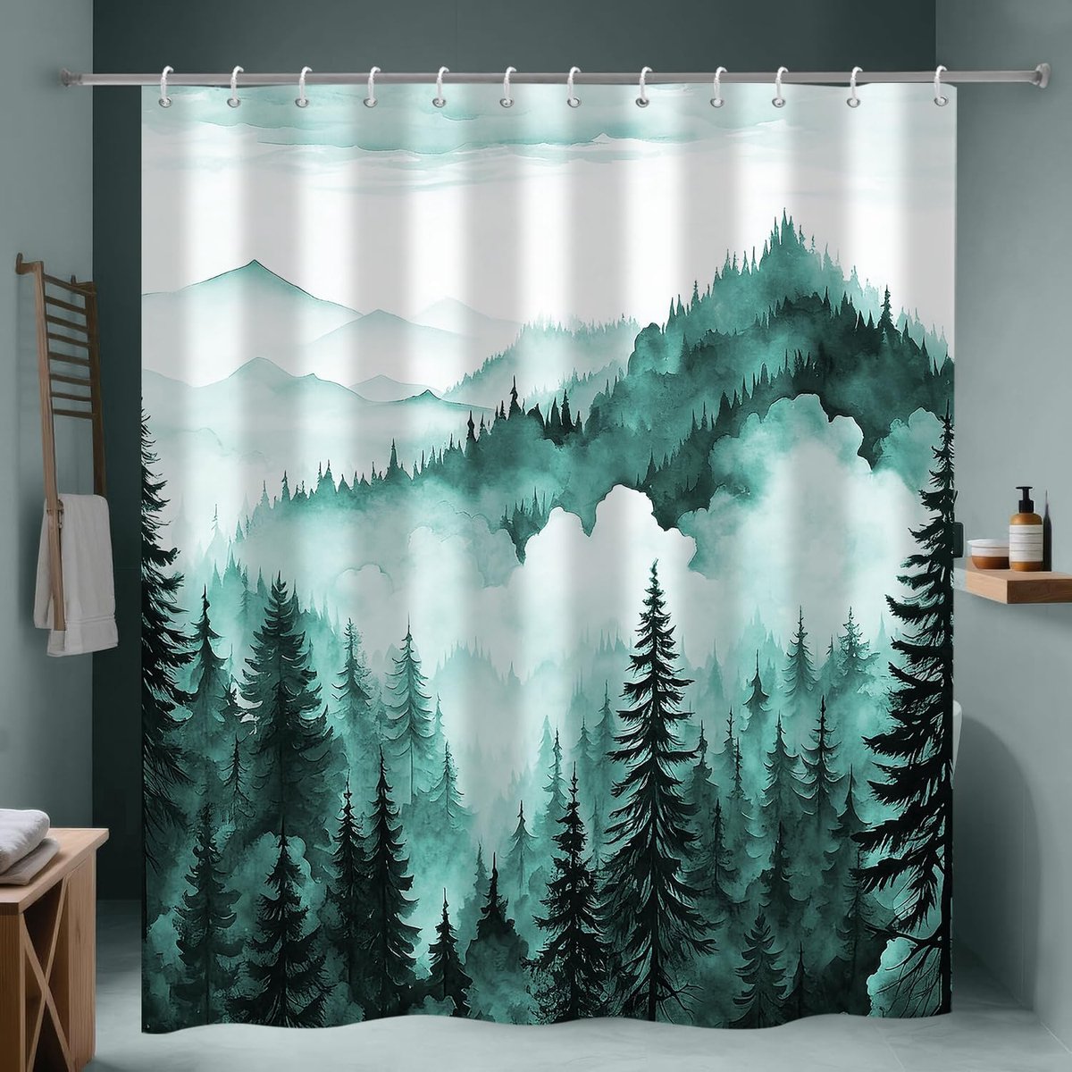 Douchegordijn 180 x 200 - Teal Misty Forest - Waterdichte polyester stof - Natuurlijk berglandschap - ShopVlot