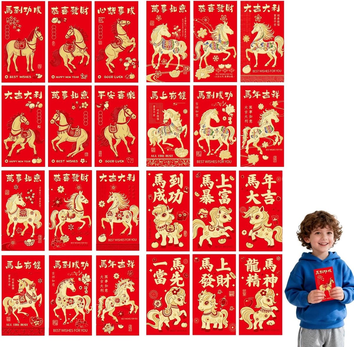 24 Stuks Rode Geld Enveloppen met Paardenpatroon 9x17cm voor Nieuwjaar, Bruiloft en Verjaardag Decoratie