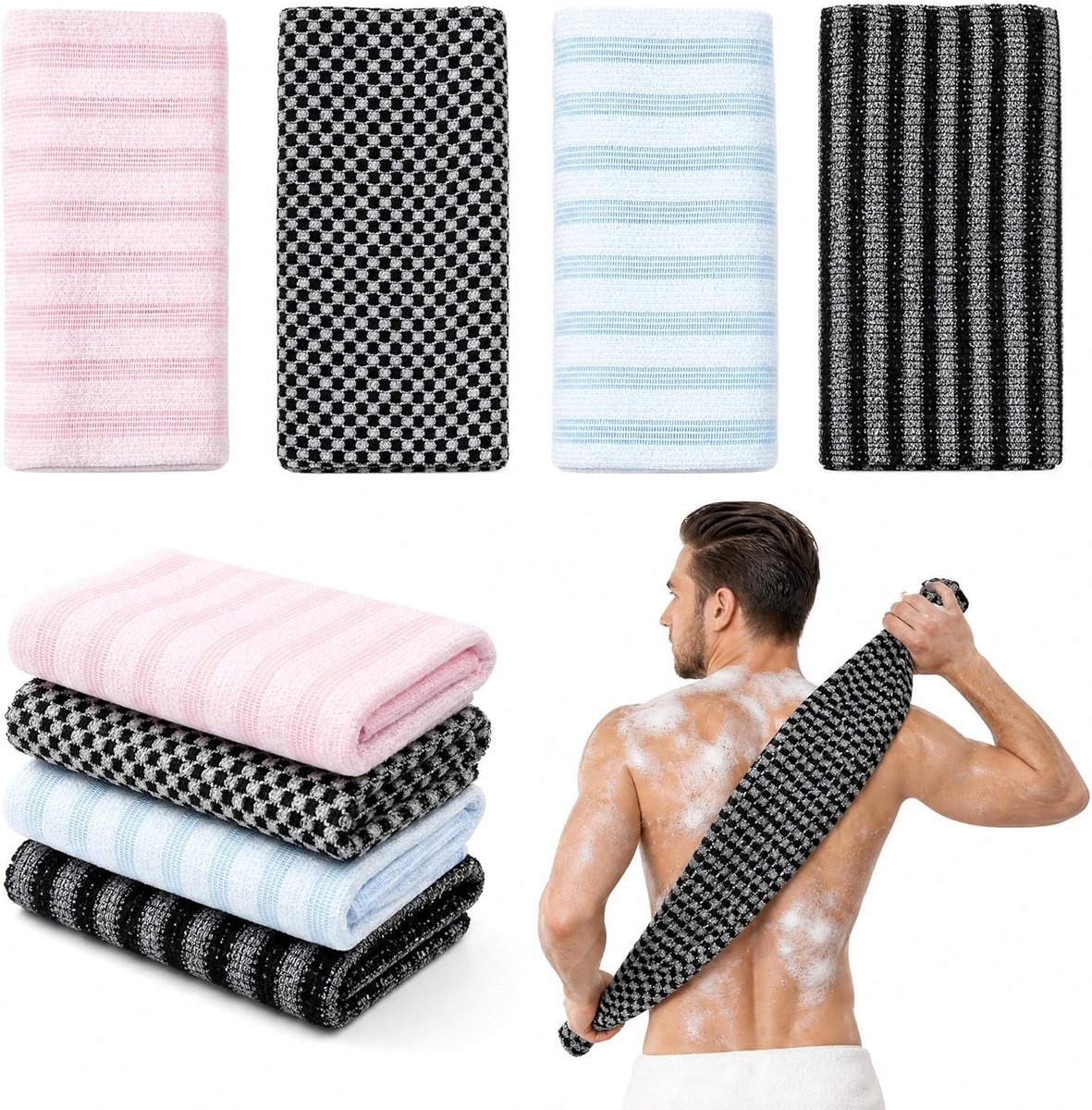 Peeling-douchehanddoek set van 4 - Japanse vezels - Dubbelzijdig ontwerp - Effectieve huidverzorging - ShopVlot