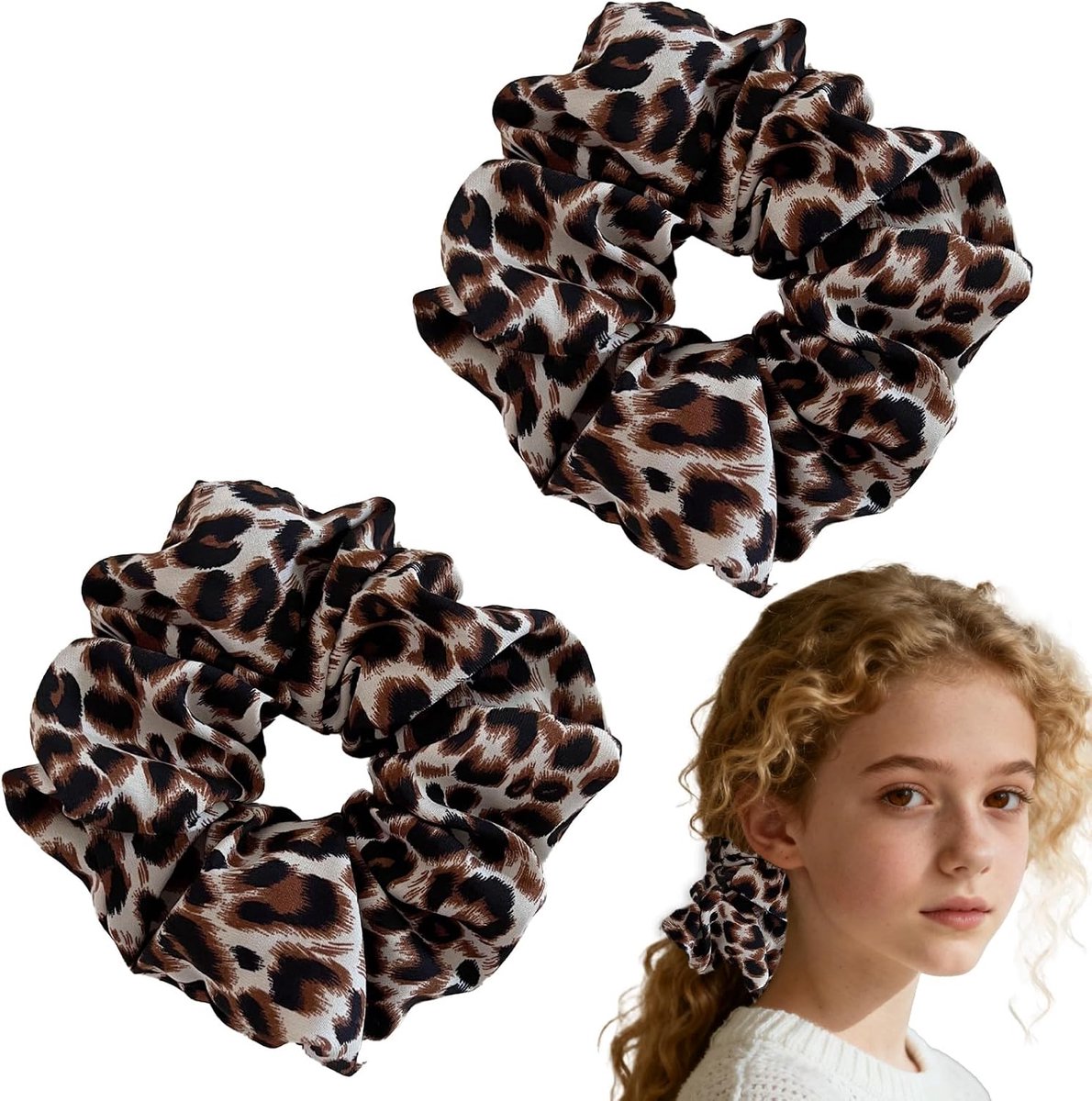 Scrunchies bruin met luipaardpatroon - Set van 2 - Zacht en haarvriendelijk - Voorkomt haarbreuk - ShopVlot