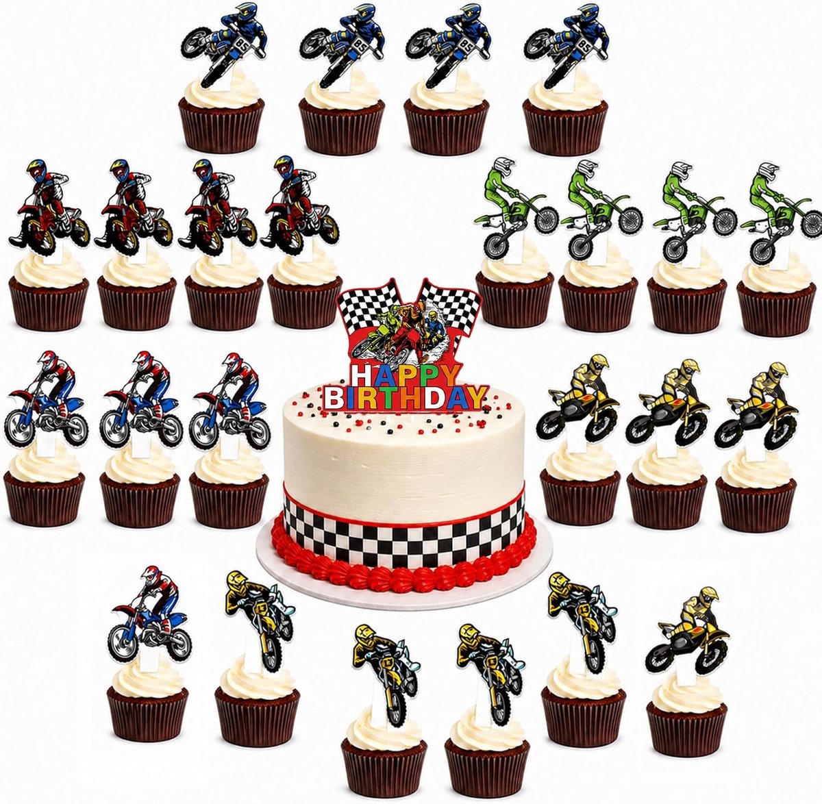 Motorcross taart toppers set van 25 - motorfiets thema - perfect voor verjaardagen - feestdecoratie voor motorfans - ShopVlot