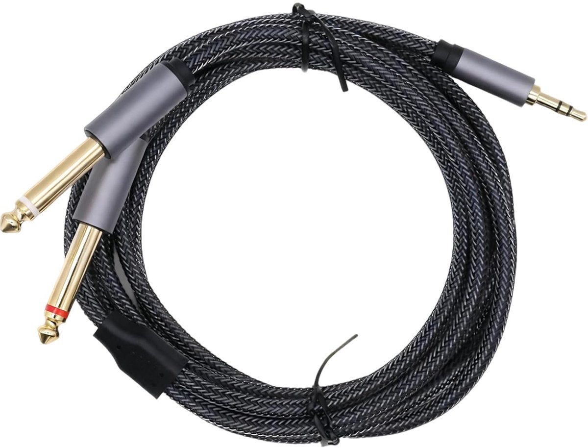 Audio Kabel 3,5mm naar Dual 6,35mm Mono Y Splitter - 2m Vervlochten Nylon Kabel - 24K Gouden Plug - ShopVlot