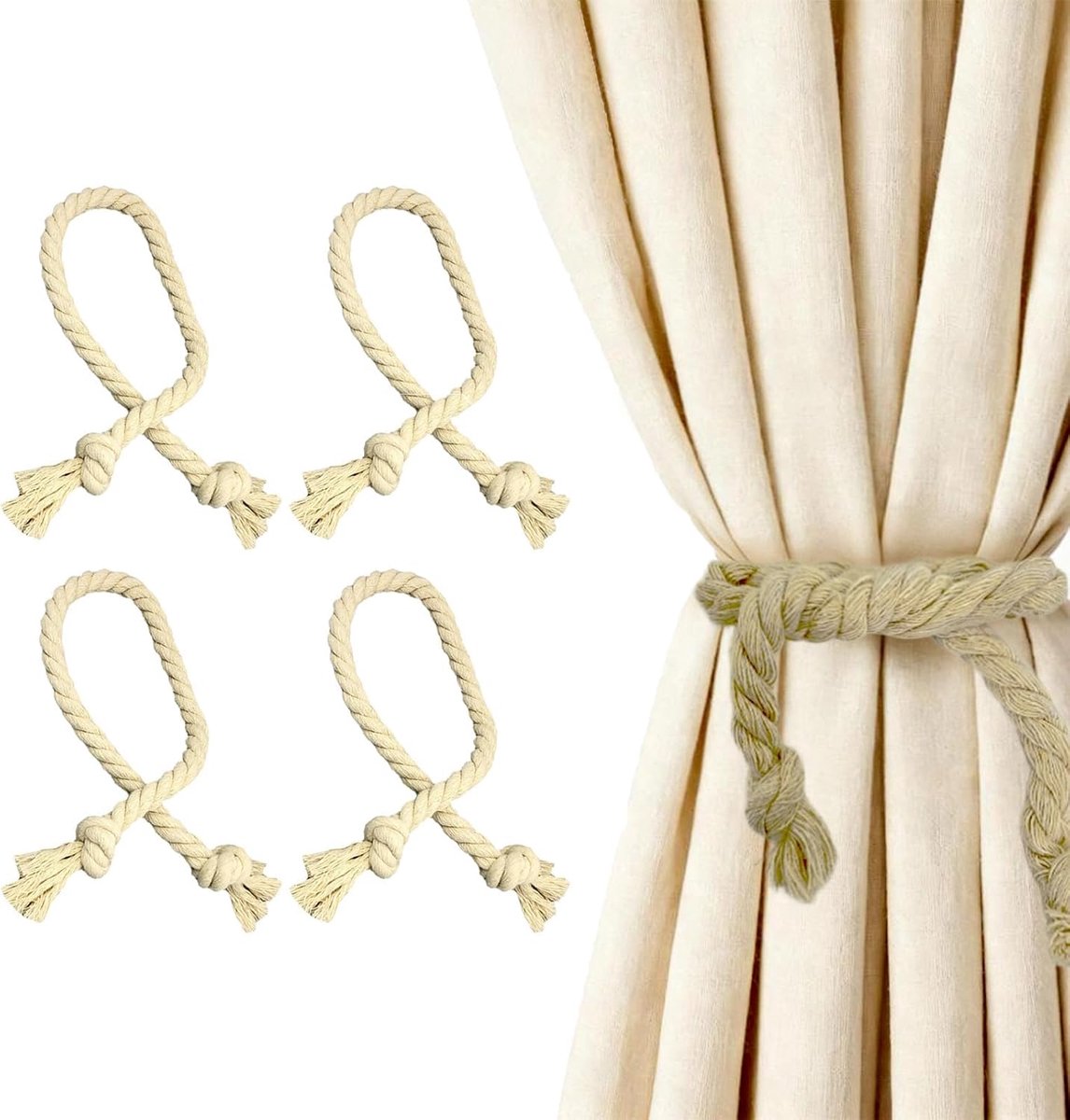 Gordijnhouders 4 stuks - handgeweven - beige - eenvoudig te installeren zonder schade - ShopVlot