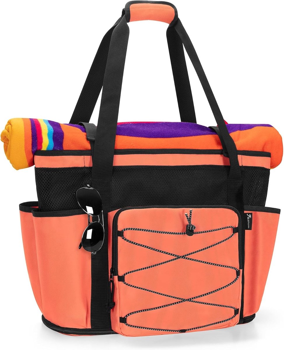 Grote mesh strandtas met ritssluiting, extra groot met nat-droog scheiding, waterdicht voor strand en zwembad, 6 elastische zakken en 1 vak voor accessoires