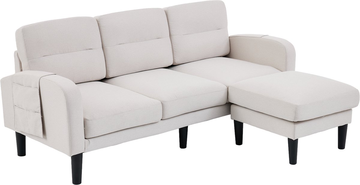 DESMIU Hoekbank 204 x 136 x 80 Cm - L-Vorm - 3-Zits Met Chaiselongue, Opbergtassen En Afneembare Kussens - Woonkamer - Stof - Beige
