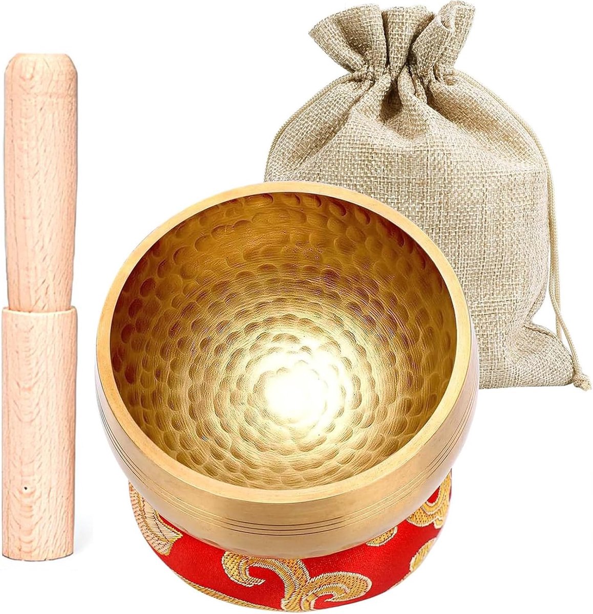 Zingende schaal met houten stok - Hoogwaardig messing - Inclusief kussen en opbergzak - Ideaal voor meditatie - ShopVlot
