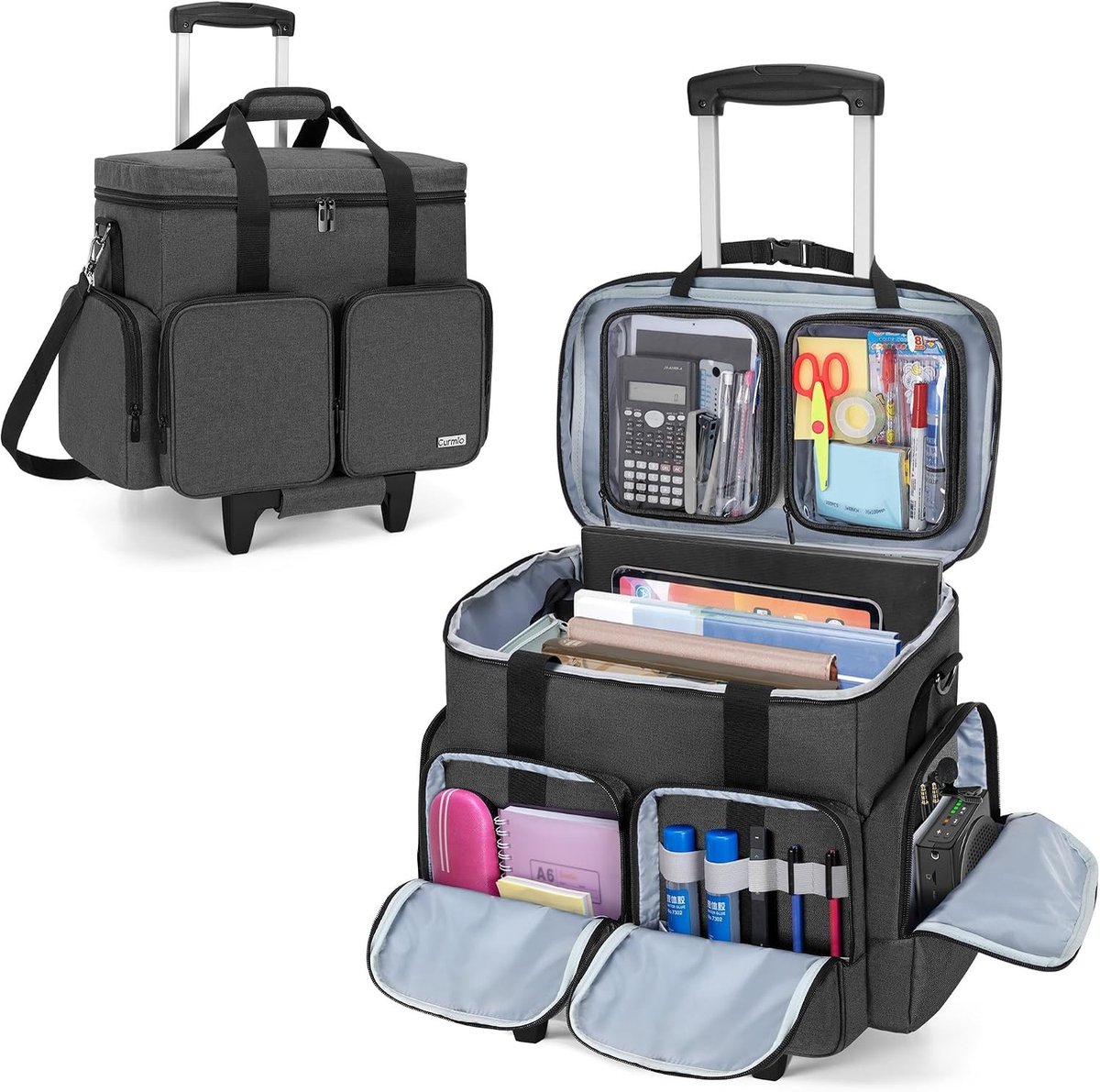 Leren Trolley Bag voor Docenten, Geschikt voor 15.6 Inch Laptop, Opbergtas voor Kantoorbenodigdheden, Gereedschap en Creatieve Projecten, Zwart
