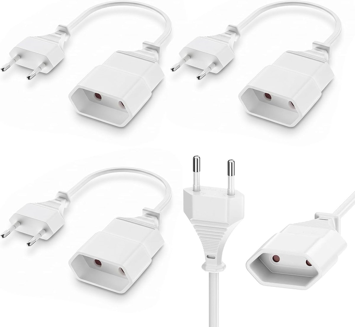 Set van 4 ultrakorte Euro-stekker verlengkabels 2,5A 250V - type C naar Euro-stopcontact - platte stekkerkabel - ShopVlot