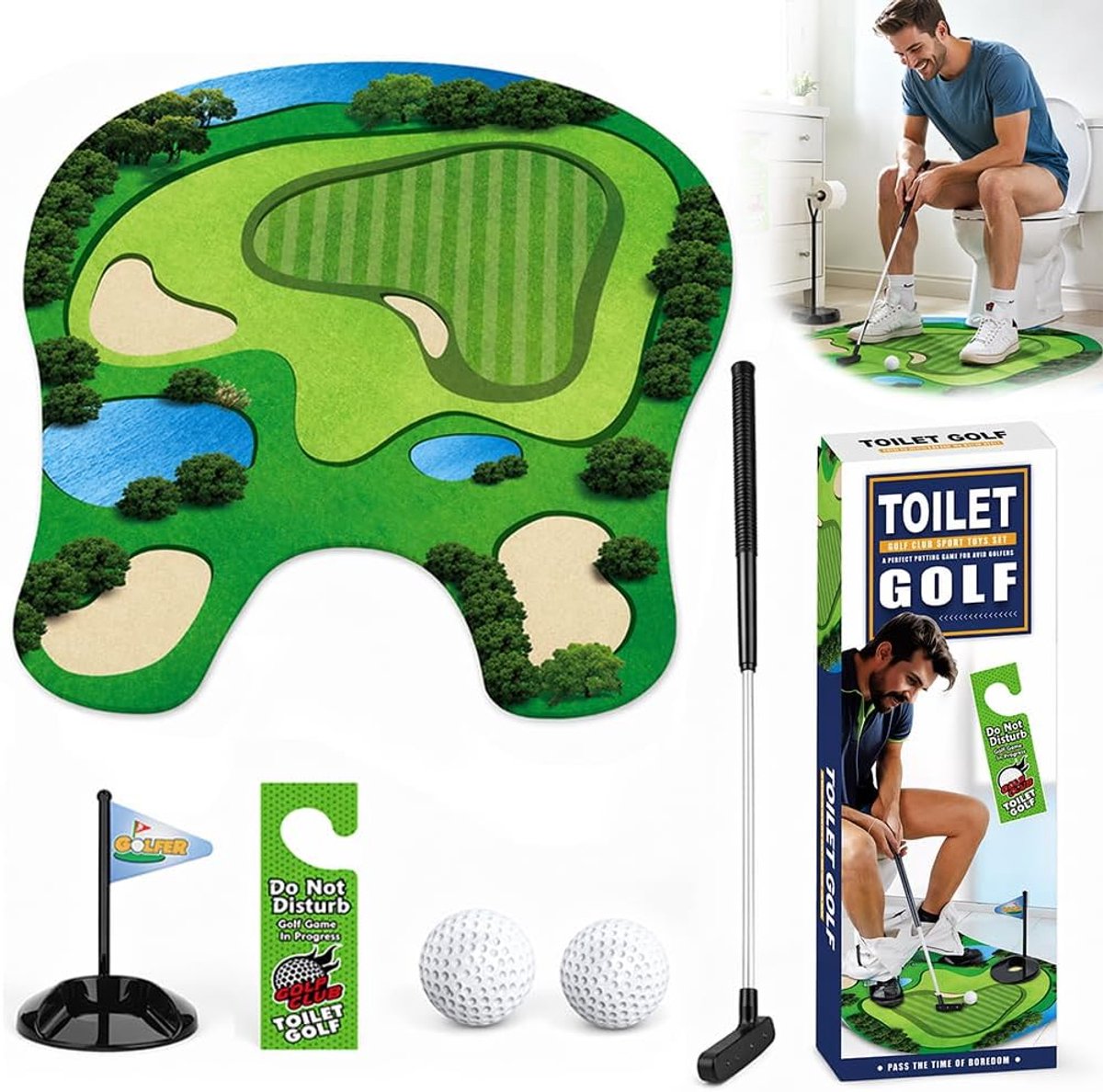 Mini-potje golfset - toiletgolf met putmat - 2 golfballen en vlaggenstok - leuk toiletspel voor tijdens het wachten - ShopVlot