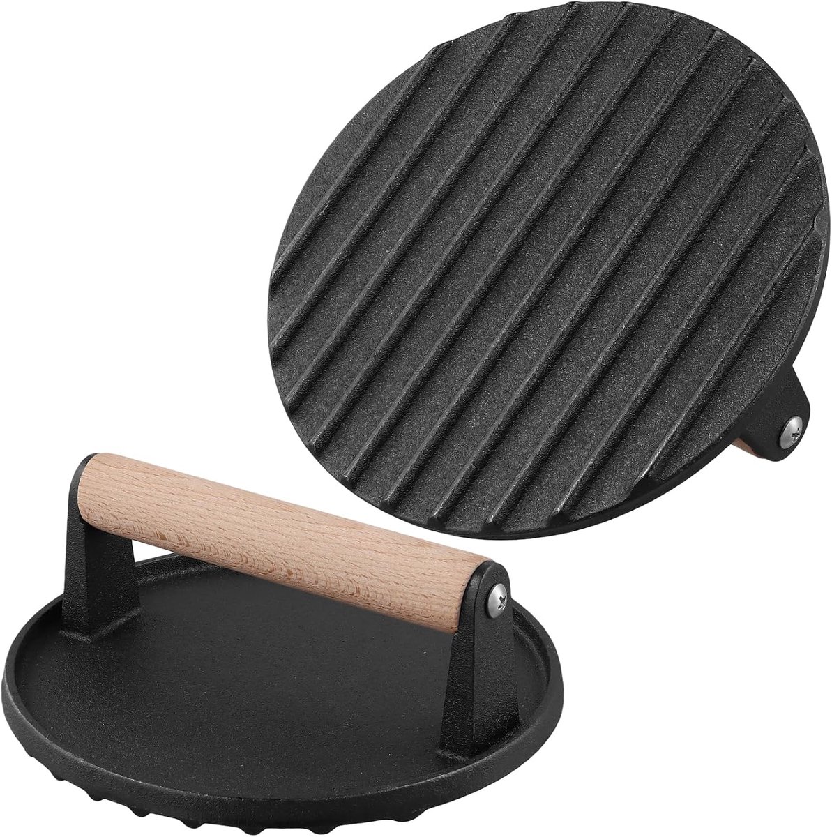 Burgerpers set van 2 - Gietijzer 17,5 cm - Houten handvat - Ideaal voor gelijkmatig grillen - ShopVlot