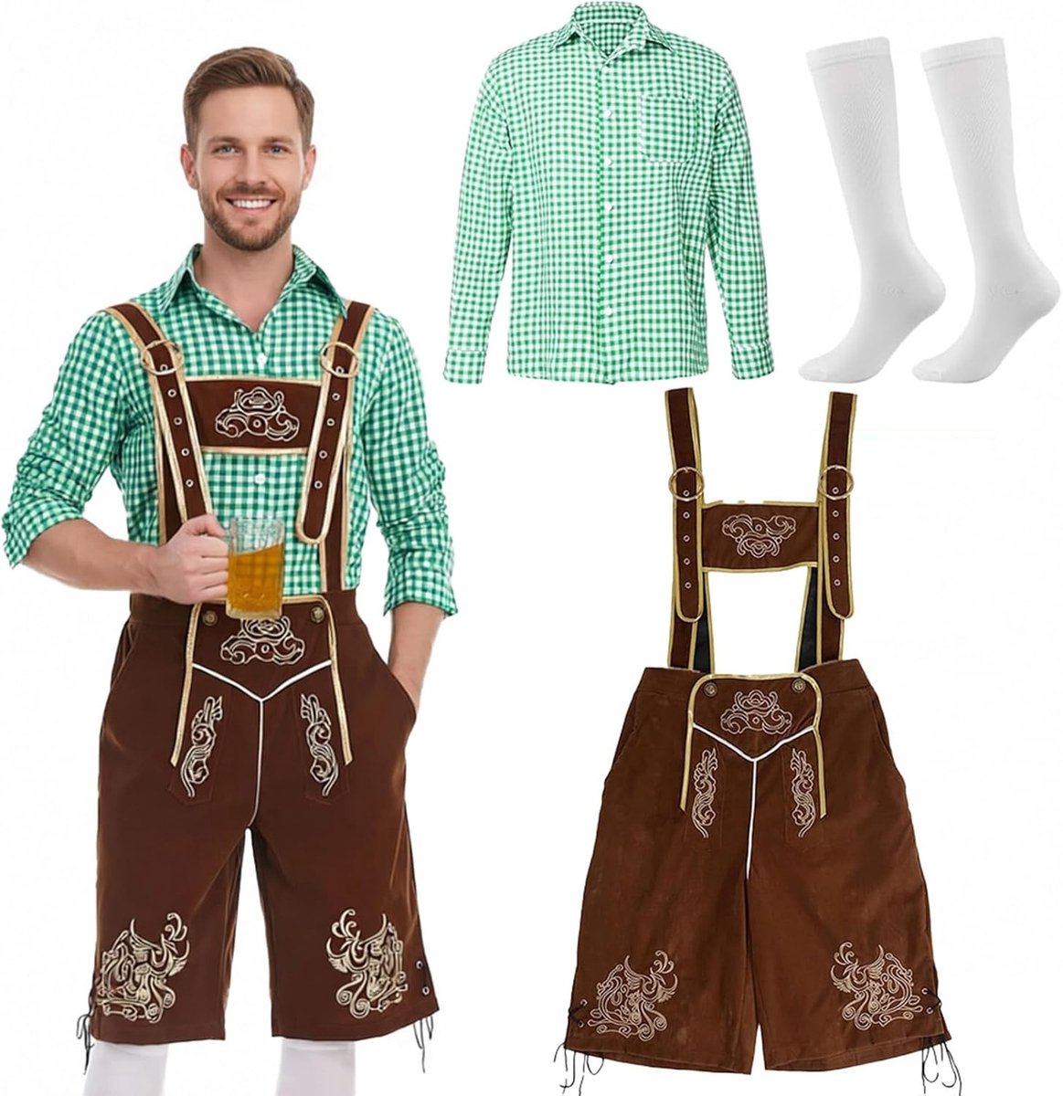 Traditioneel Bavaroos Kostuum voor Mannen, 3-delig Set met Geruite Overhemd, Fluwelen Broek en Oktoberfest Sokken voor Feest en Cosplay