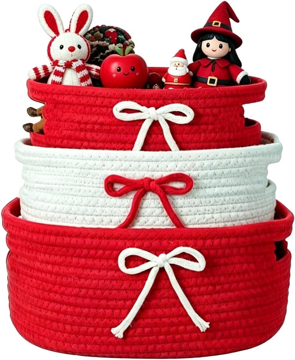 Set van 3 Rode Opbergmanden van Gevlochten Katoen met Handvatten - Stapelbare Mandjes voor Decoratie, Organisatie en Opslag