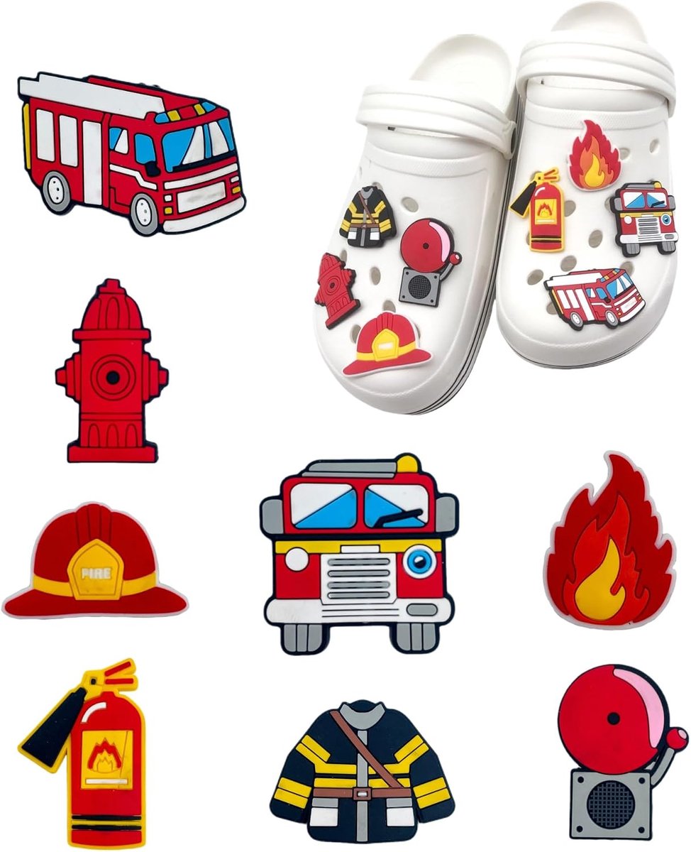 Fire Shoe Charms, 8 Piece Set, Fire Fighting Theme Decorations for Boys and Girls, Small, Plastic, No Gemstone - ShopVlot