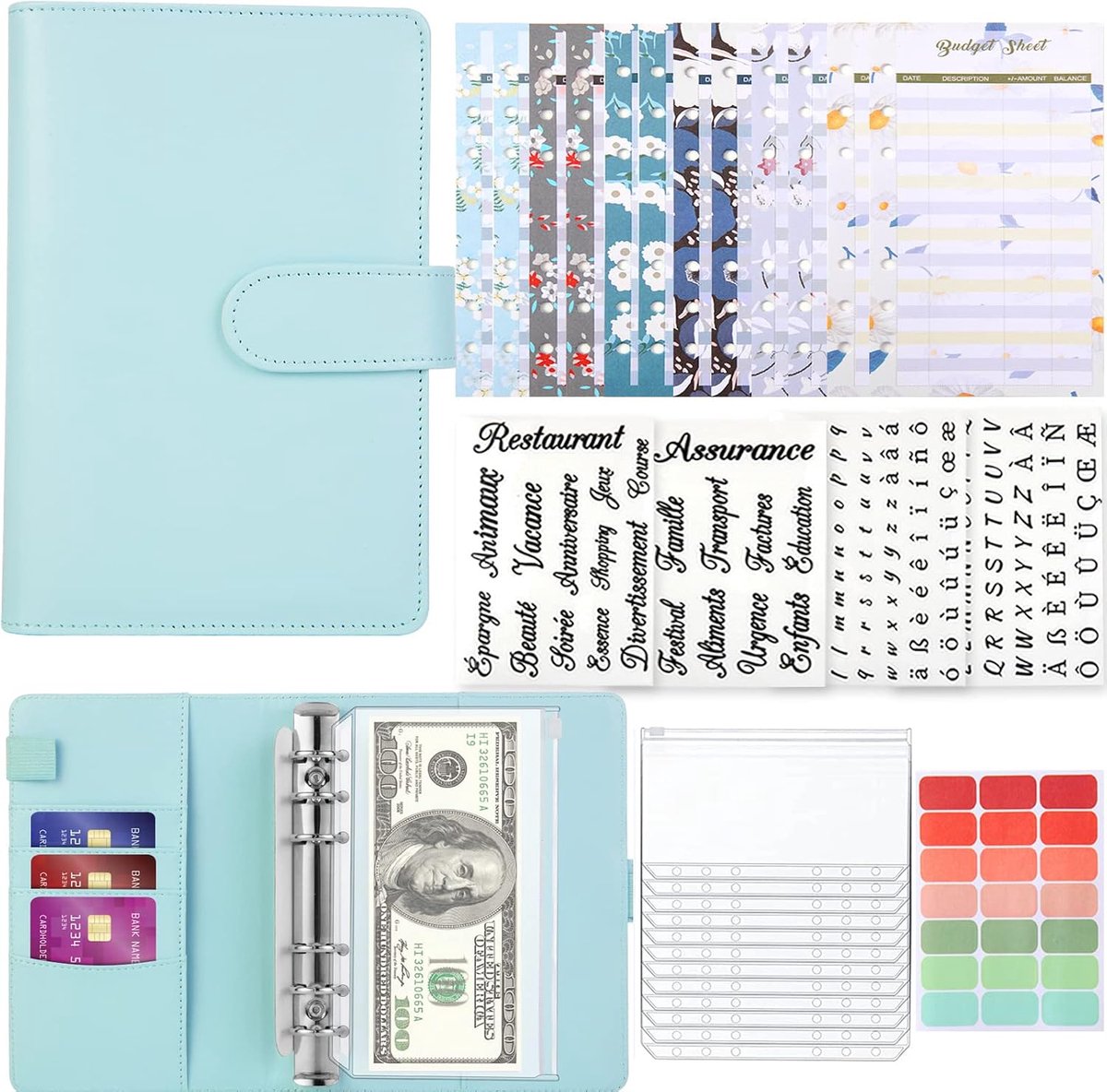 QuChip A6 French Budget Planner with 12 Transparent Zipper Edition Cases Money Budgeting 24 Categories in French, Blue - ShopVlot