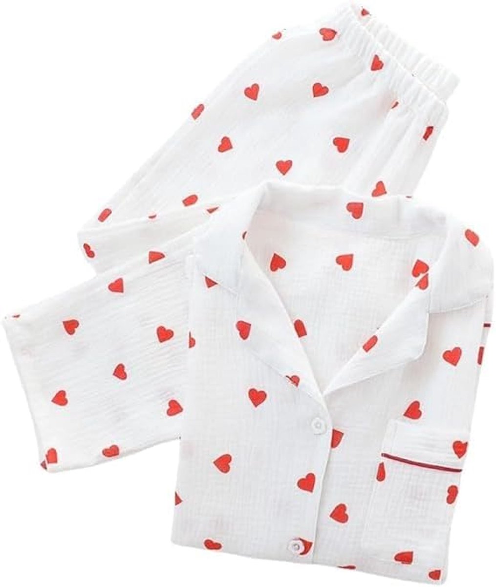 Lapel Pajamas Set For Women,Peach Heart Pattern Twosie Pajamas Set Casual Cotton Long Sleeve Tops Pants Soft Sleepwear - ShopVlot