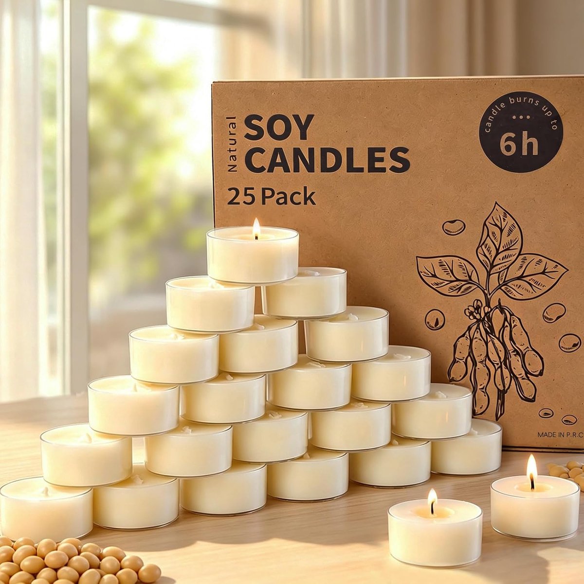 Theelichtjes van sojawas (25, 6 uur) - 100% sojawas, paraffinevrij, niet giftig, veganistisch, in doorzichtige beker - ShopVlot
