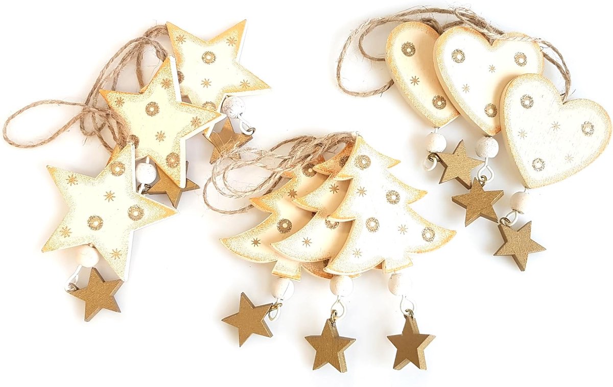 TEMPLE WERLT 3X decorative pendant heart star tree each 34cm, wood nature with clock, window decoration wooden pendant - ShopVlot
