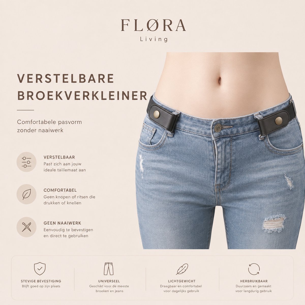 FLØRA Living Elastische Riem Zonder Gesp – 4 Stuks – Gespvrije Broekriem voor Dames & Heren – 3cm Breed – Verstelbaar – Comfortabel & Lichtgewicht – Zwangerschapsriem