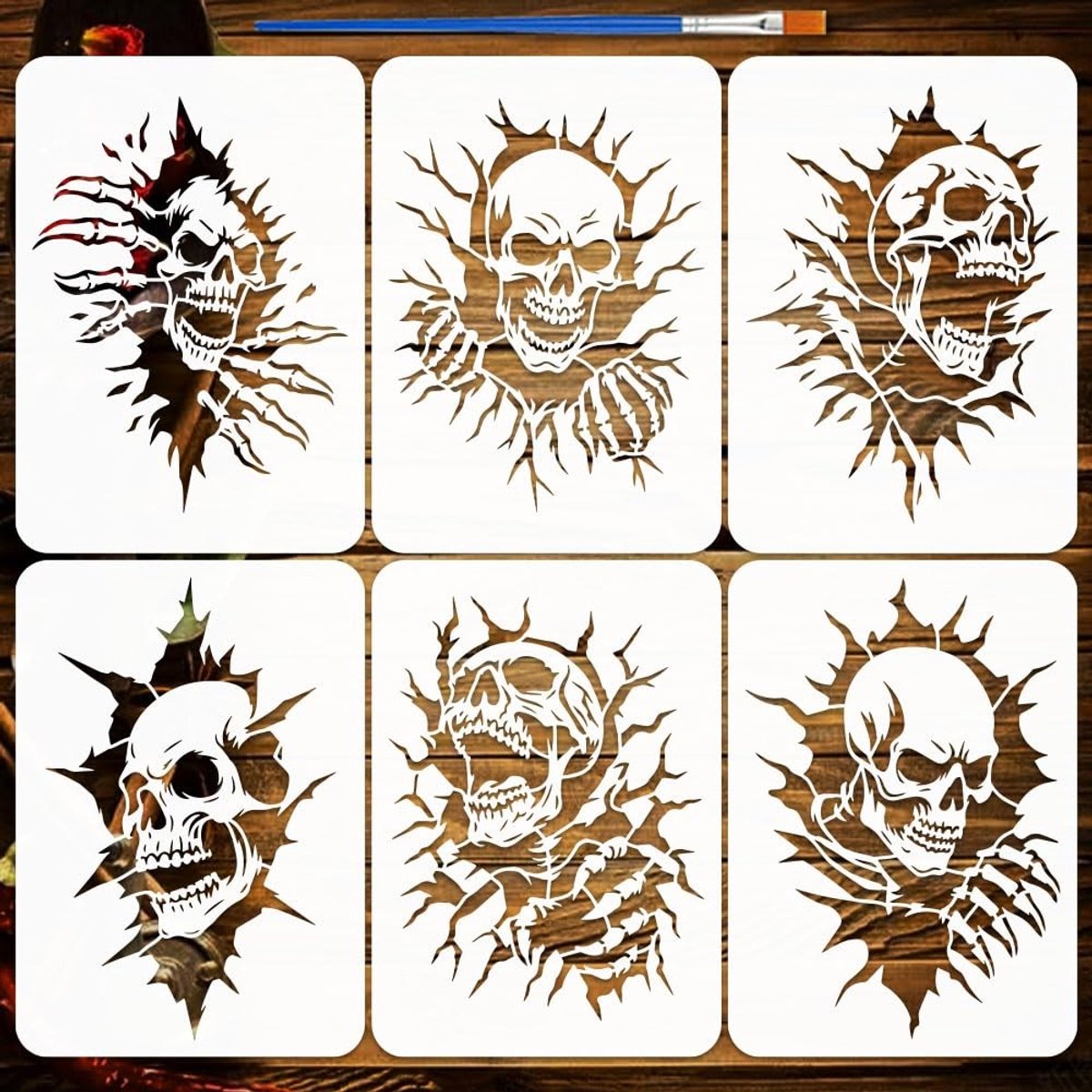 Solidchoice - 6 Gestencilde Schedelstencils met Penseel - Perfect voor Creatieve Projecten