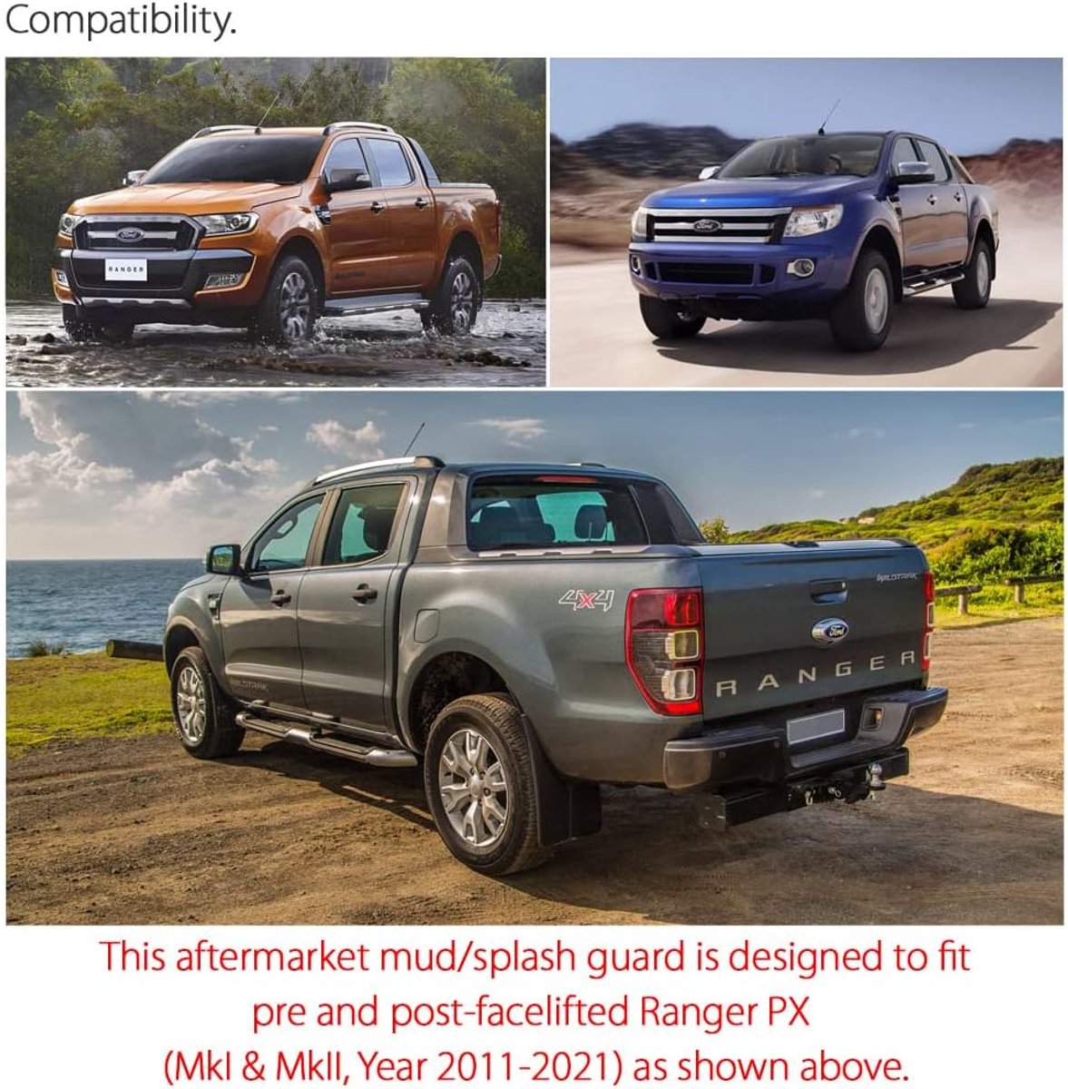 TUNEZ® Front Left Rear Mud Flap Splash Guard For Ranger T6 PX Mk1 Mk2 Mk3 XL XLT Limited 2 Wildtrak FX4 XLS MGFR01 - ShopVlot