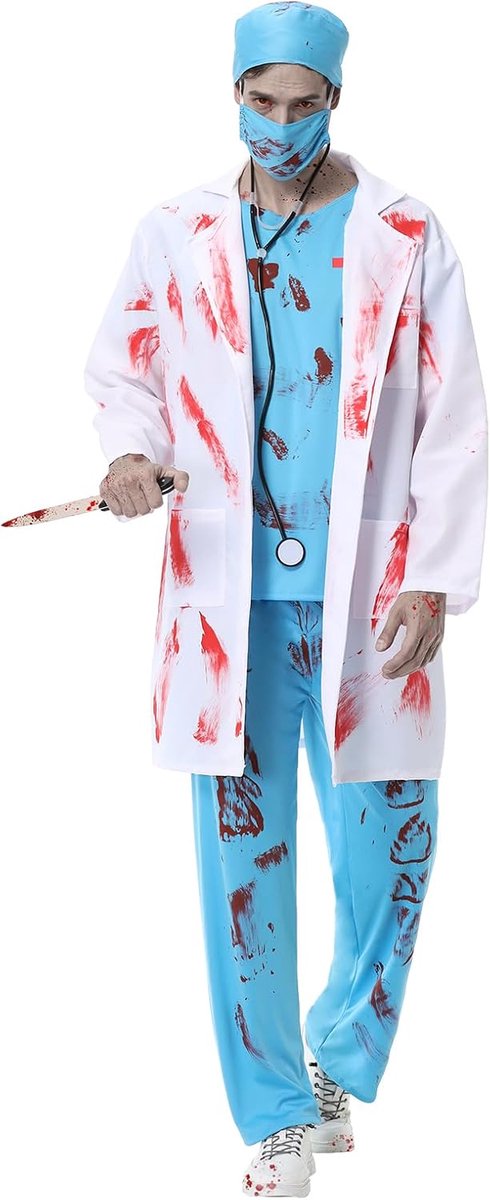 Men's Zombie Doctor Costume Halloween Surgical Costume Horror Doctor Outfit Set with Doctor Coat, Doctor Mask - ShopVlot