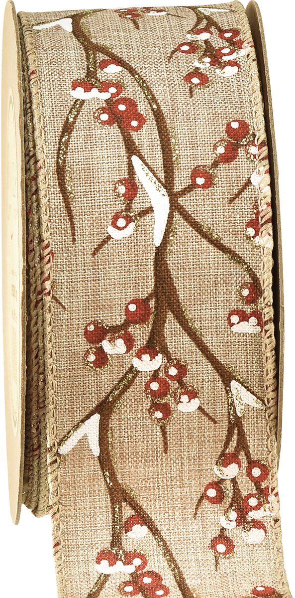 Kerstlint winter lijsterbessen rood wit B50mm L10m
