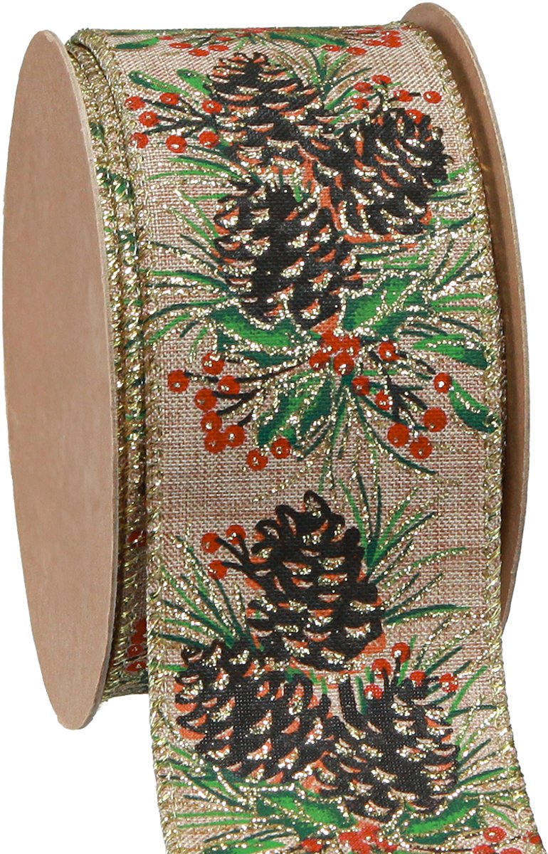 Decoratief lint Kerstkegels breed cadeaulint naturel 60mm 10m