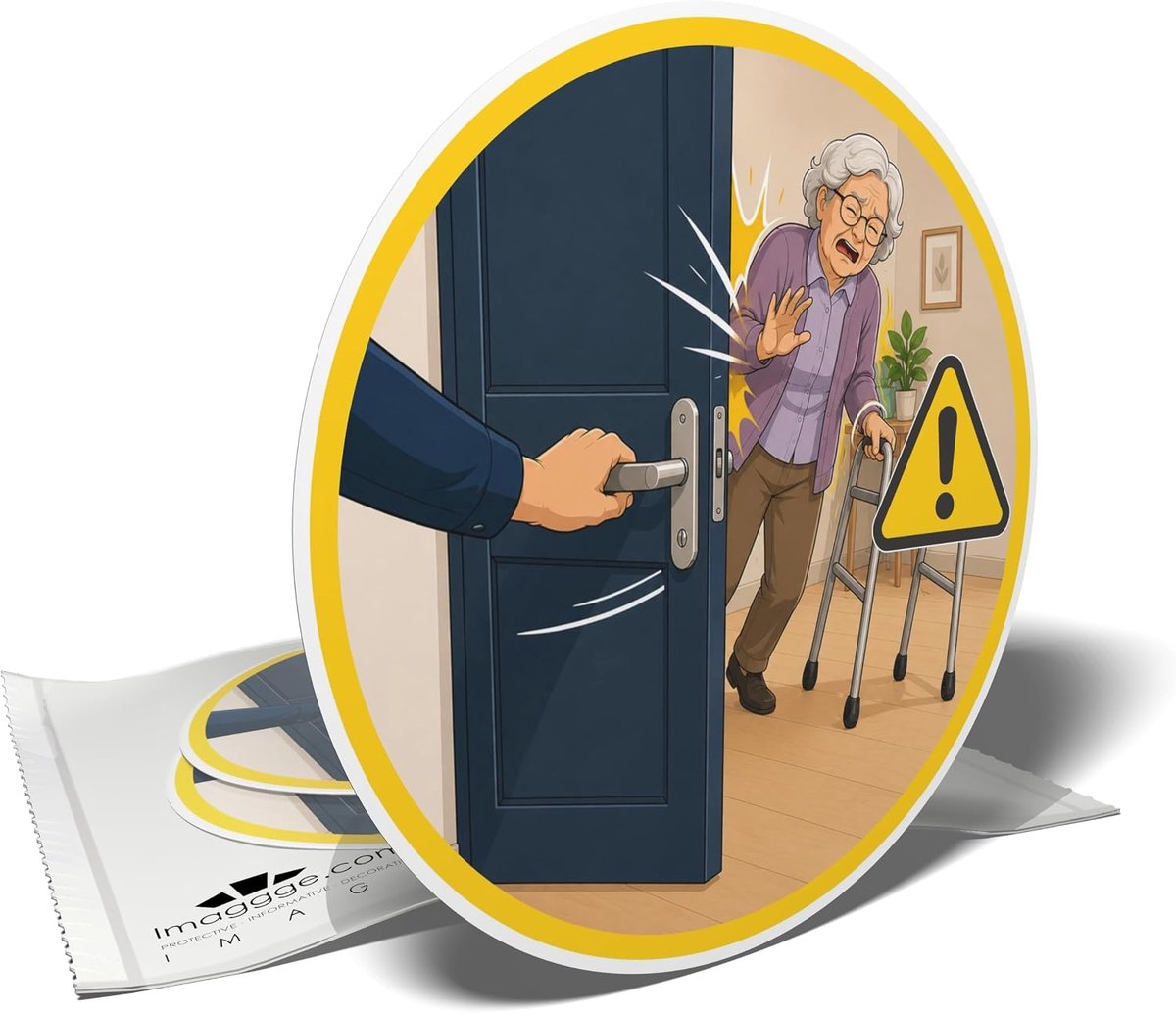 Set van 3 stickers "Let op door het openen van de deur - fragiele persoon" Ø 10 cm - preventiesticker voor deuren - ShopVlot