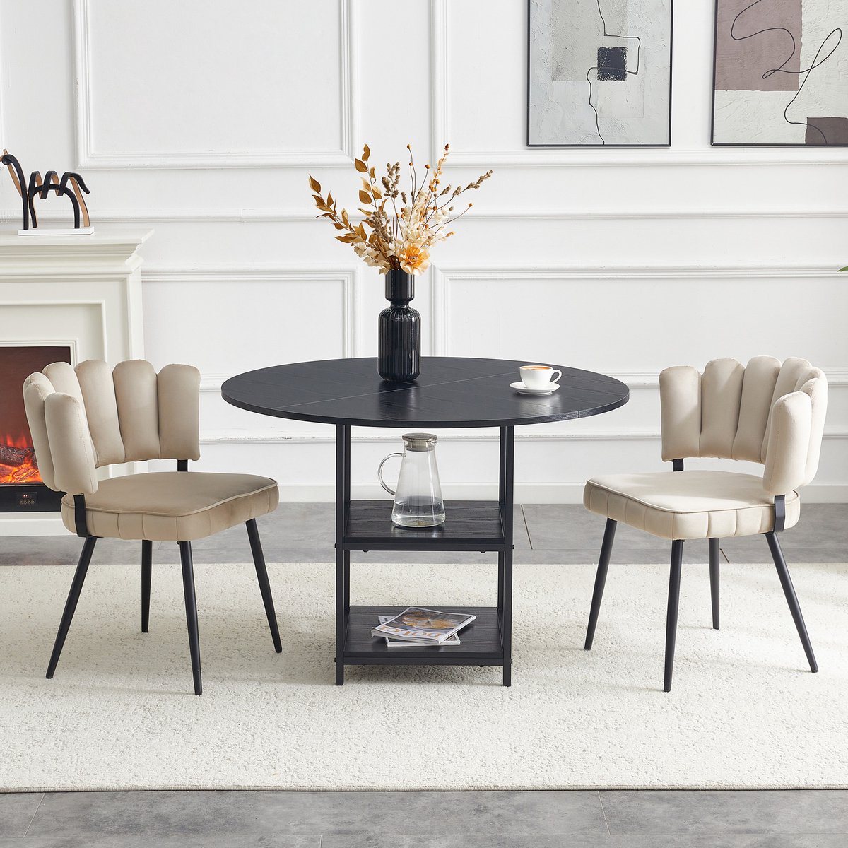 COVREO Set tafel en stoelen 107 cm zwart, hout en metaal met opbergniveau