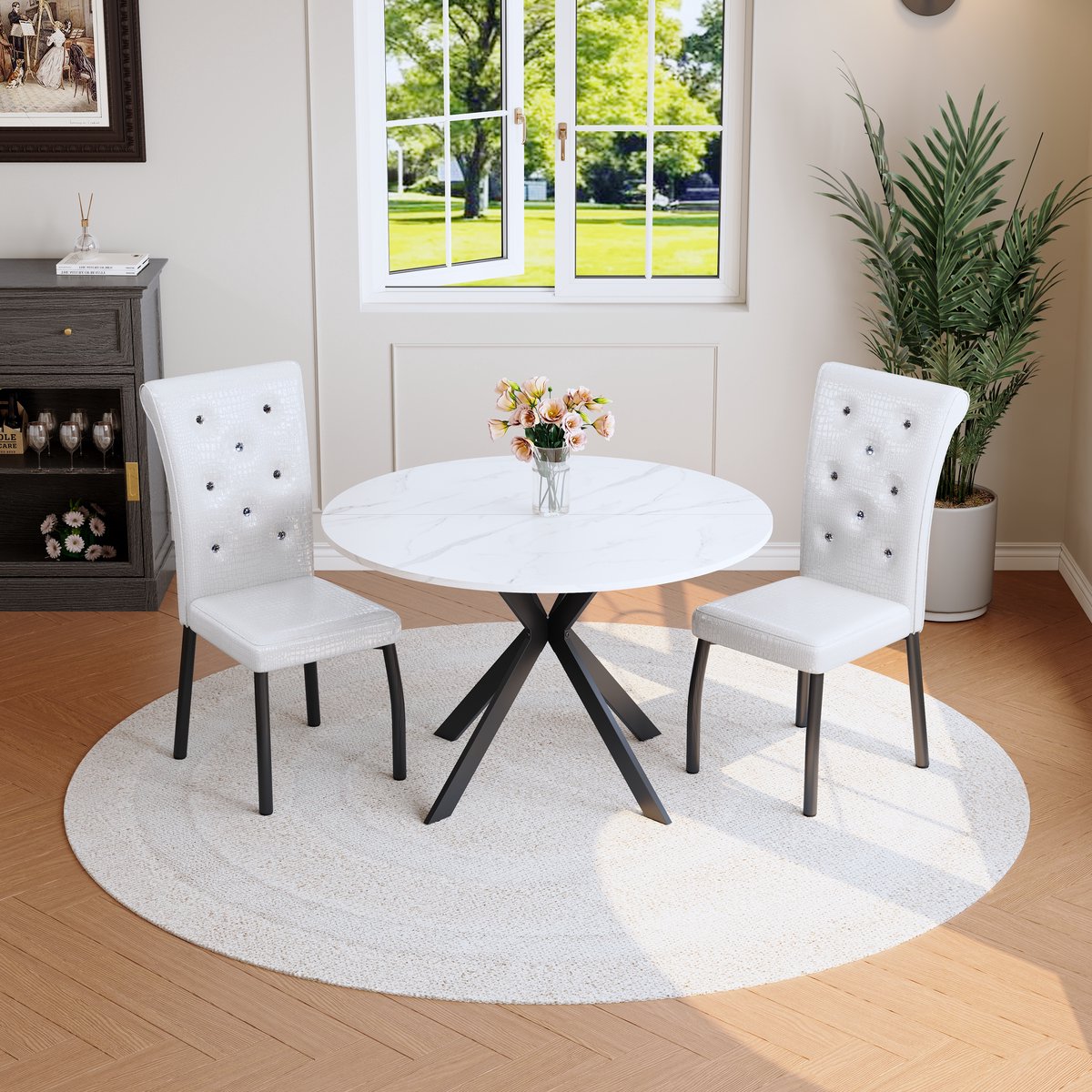 DESMIU Set Tafel En Stoelen Rond 2 Stoelen Marmerlook Eettafel Met Zwarte X Metalen Poten Voor Keuken En Eetkamer MDF Wit Zwart