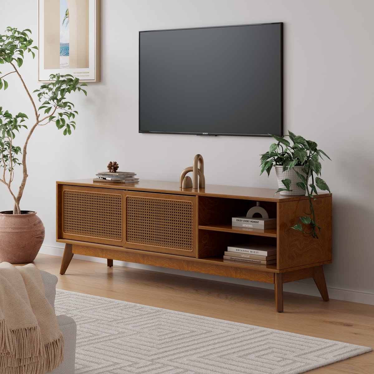 DESMIU Tv Meubel - Rotan Deuren En Schuifdeur Met Open Vakken - Voor Woonkamer En Hal - Hout MDF - 150x40x50 Cm - Walnoot Walnut