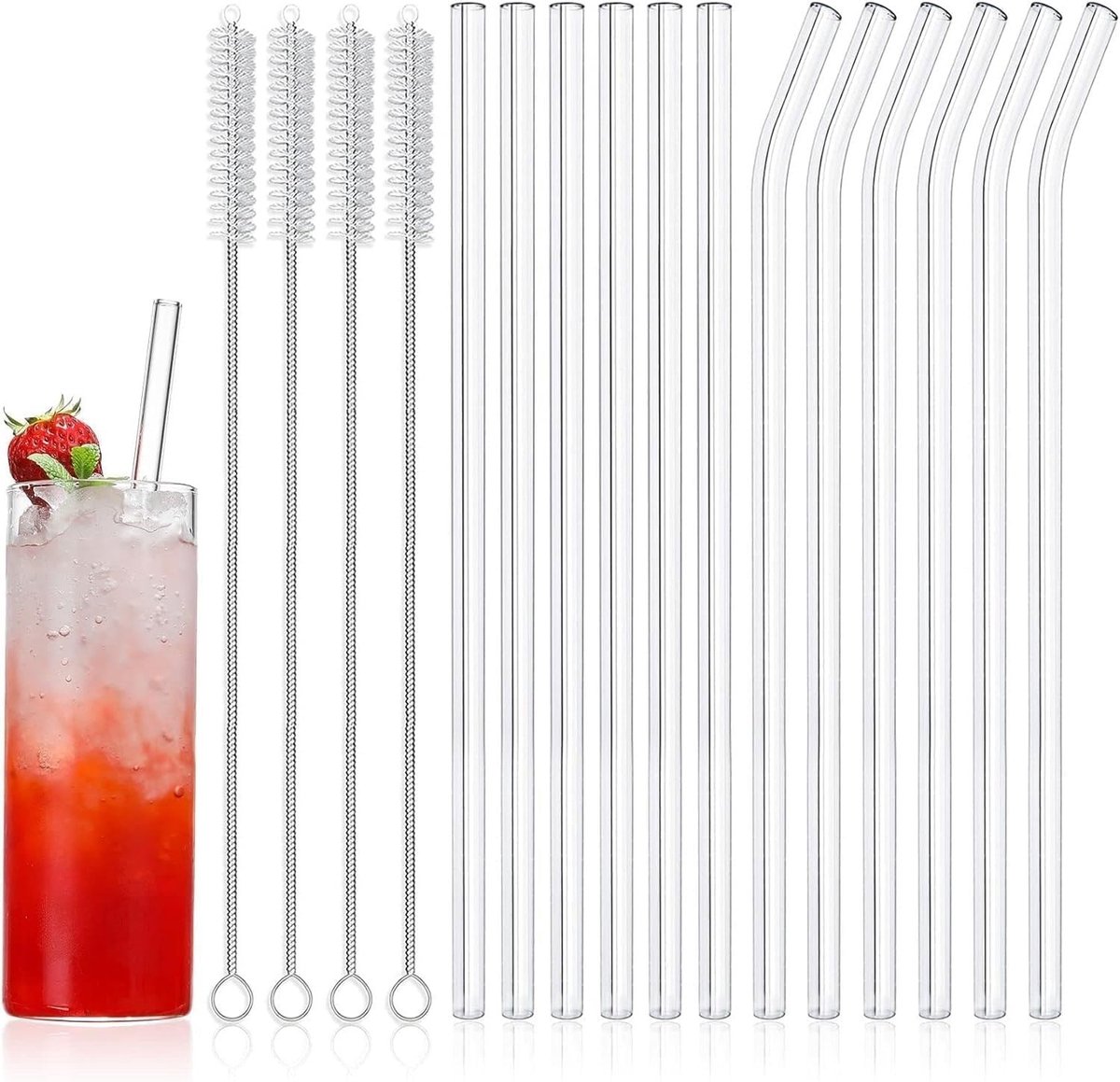SnelShoppen - Pack van 6 Herbruikbare Glazen Rietjes met Schoonmaakborstel - Milieuvriendelijke Cocktail Rietjes voor Aperol Spritz, Drankjes, en Fees